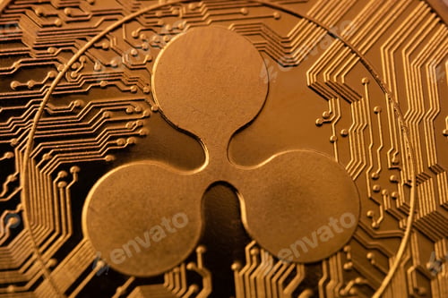 Preview: top view extreme macro closeup of crypto ripple golden coin logo