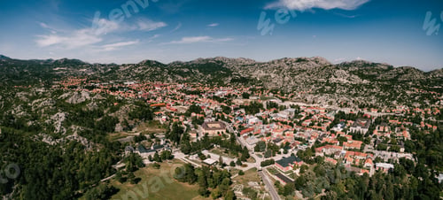 Preview: Panoramic aerial view of the monastery in Cetinje against the backdrop of the town
