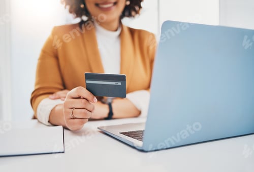 Preview: Credit card, business woman and laptop for ecommerce, online shopping or payment with fintech. Entr