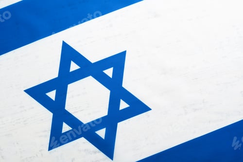 Preview: Independence Day of Israel. National Israel flag with star of David over white wooden background. Cl