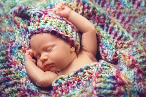 Preview: Newborn baby sleeps in a knitted scarf