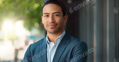 Preview: Business man, city and portrait in street for travel, commute and confident for job at insurance ag