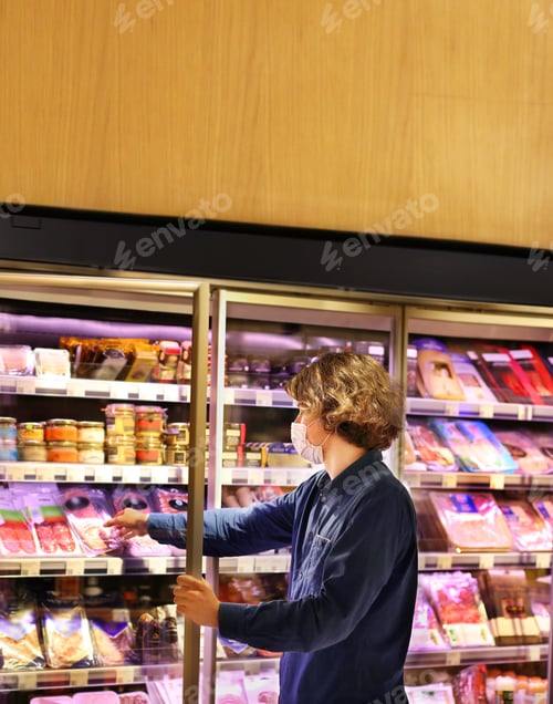 Preview: Supermarket Shopping, Face Mask And Gloves,Young Man Shopping In Supermarket, Reading Product