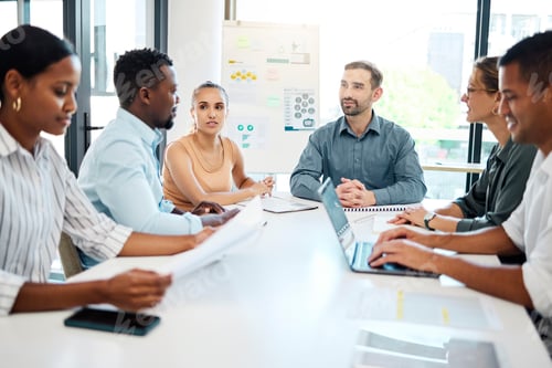 Preview: Business people, marketing and advertising team planning, infographic and communicate for startup p