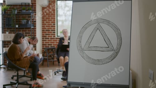 Preview: People meeting at aa support group therapy with sign on white board to cure alcohol addiction