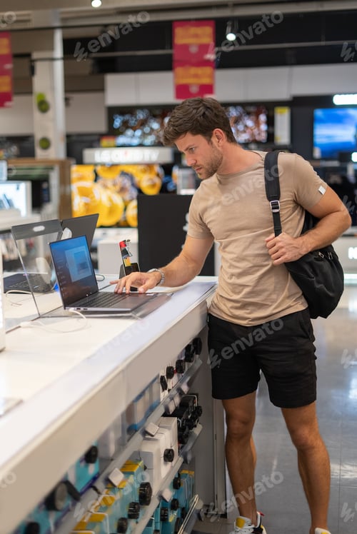 Preview: Man picking new laptop in store