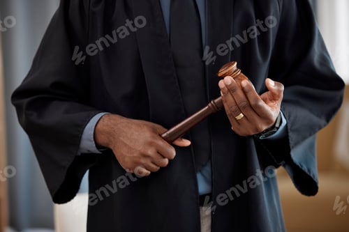 Preview: Hands, judge and gavel in courtroom, justice and decision at criminal trial hearing for conflict. L