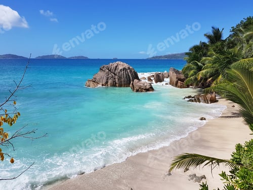 Preview: Idyllic tropical sandy beach with turquoise water and green palm trees on sunny day in summer.