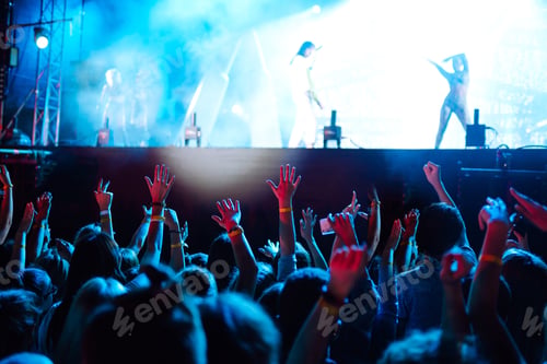 Preview: Сrowd with raised hands at music festival. Fans enjoying rock concert with light show clapping hands