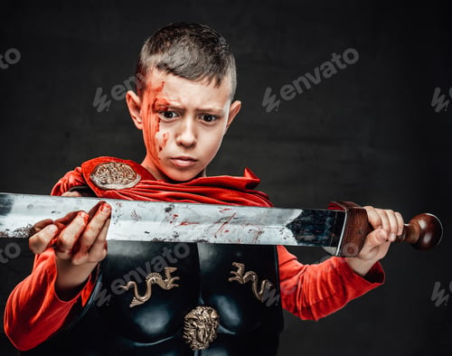 Preview: Shocked and dramatic portrait of little legionary holding a sword