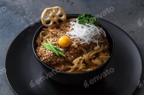 Preview: Rice bowl topped with fried pork cutlet Katsudon, tonkatsu donburi, japanese cuisine
