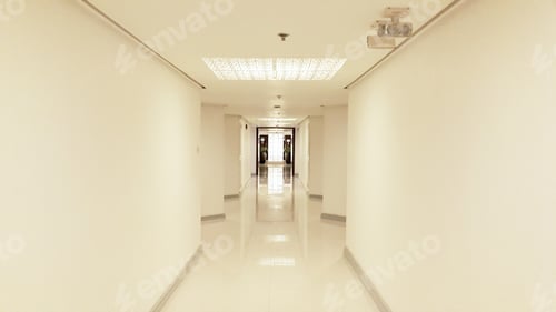 Preview: Corridor inside a white building. Perspectice indoor pathway white background.
