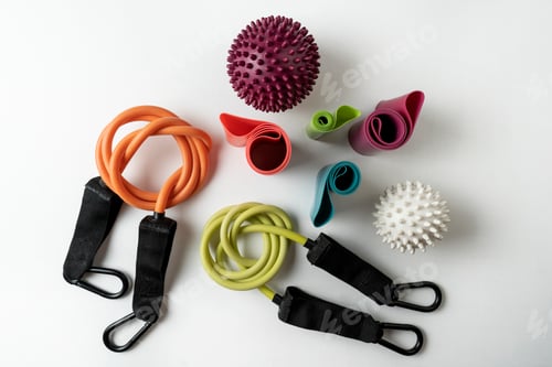 Preview: Different colourful equipment for fitness and sport exercises orange dumbbells and expanders