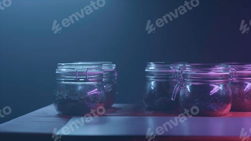 Preview: Five glass jars with different types of leaf tea standing on the table in dark room on black wall