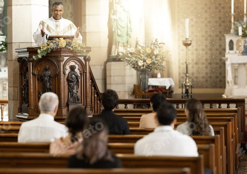 Preview: Priest, pastor and spiritual man in church sermon, prayer and speech to catholic people, worship an
