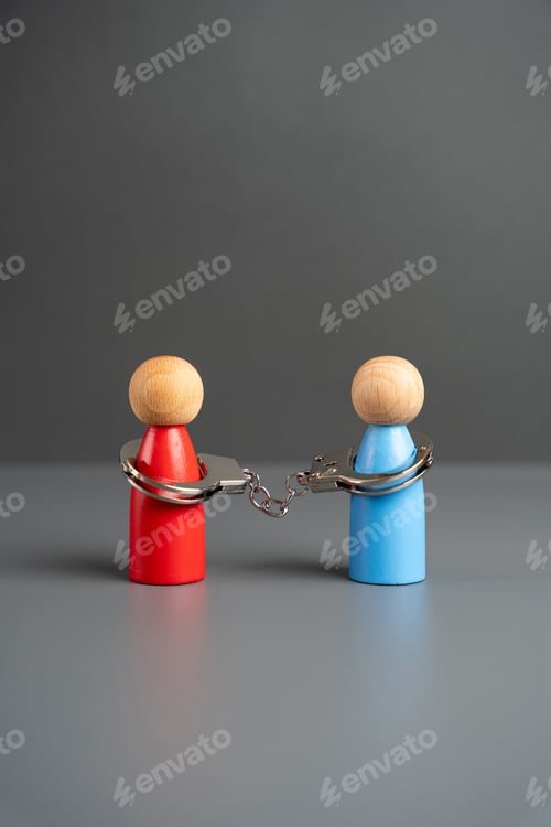 Preview: Bound by contract. People tied with handcuffs.