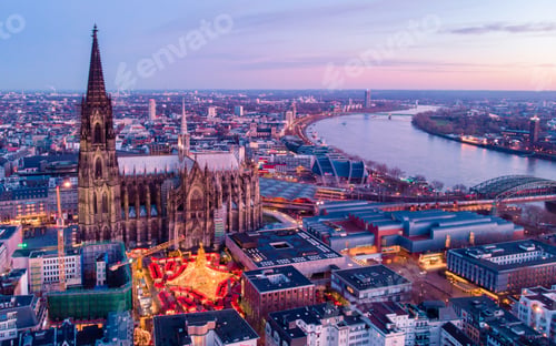 Preview: Cologne Germany Christmas market, aerial drone view over Cologne rhine river Germany Cathedral