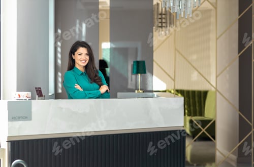 Preview: Portrait of female receptionist at desk in lobby.