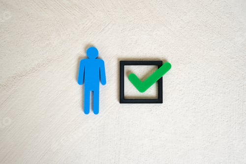 Preview: Man and green check mark. Recruitment success, performance recognition, or personal achievement