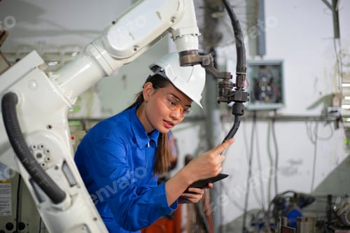 Preview: Woman mechanic repairing a robot machine.