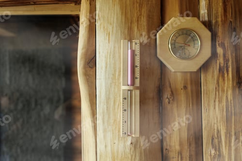 Preview: Sand timer and thermometer with hygrometer hanging on the wooden wall of the sauna