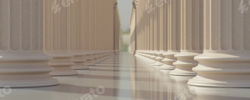 Preview: Stone columns colonnade and marble floor detail. Classical pillars row, building entrance