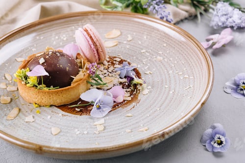 Preview: chocolate tarts with pink french macarons