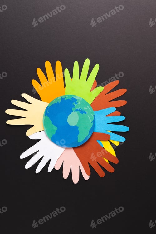 Preview: Colorful Handprints Around Globe on Dark Background
