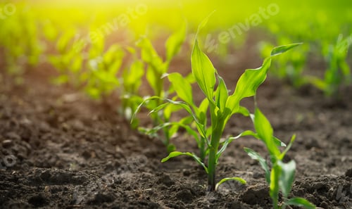 Preview: Close up rows of young corn shoots on organic cornfield of black soil.