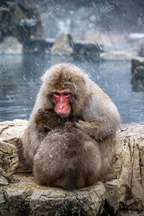 Preview: Snow monkey (Japanese Macaque) in a snowstrom, Jigokudani Monkey Park, Nagano, Japan
