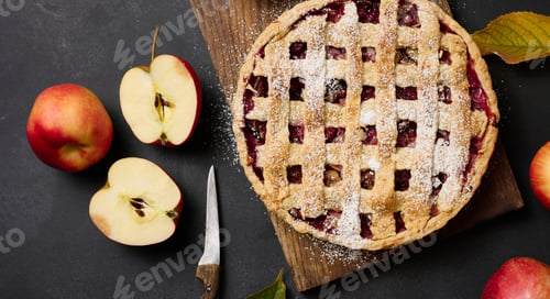 Preview: Baked round traditional apple pie on brown wooden board and fresh red apples, top view