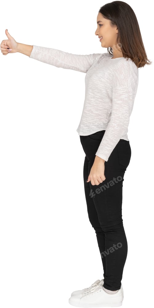 Preview: a woman in black pants and a white shirt holding her arm out
