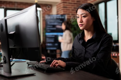 Preview: Cyber officer working with binary numbers for database application development through neural nodes