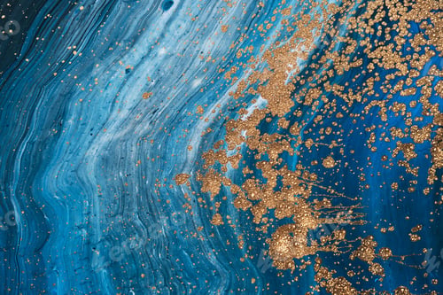 Preview: Fluid Art acrylic paints. Abstract mixing blue paint waves. Liquid golden splashes. Marble effect
