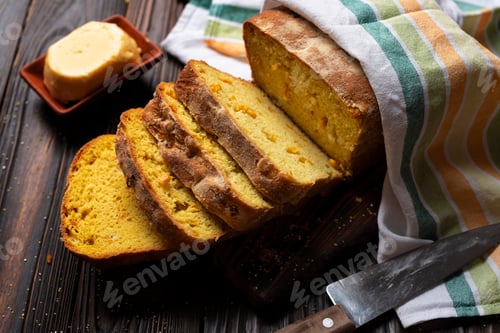 Preview: Homemade cornbread slices and butter on kitchen table