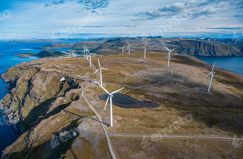 Preview: Windmills for electric power production. Arctic View, Havoysund, Northern Norway aerial photography.