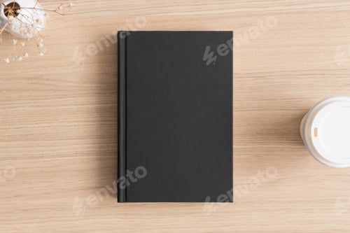 Preview: Black book mockup with a gypsophila and a cup of coffee on the wooden table.