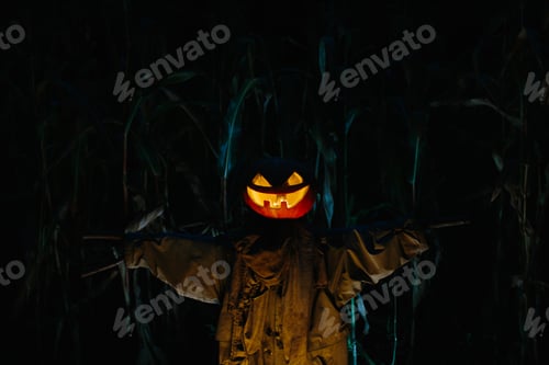 Preview: Scary pumpkin scarecrow in a cornfield at night. Halloween holiday concept.
