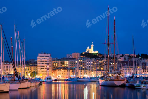 Preview: Marseille Old Port in the night. Marseille, France