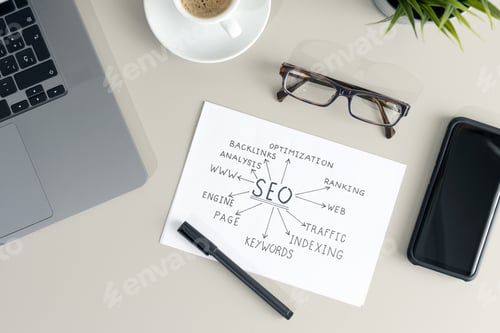 Preview: Working desk with paper sheet with SEO planning