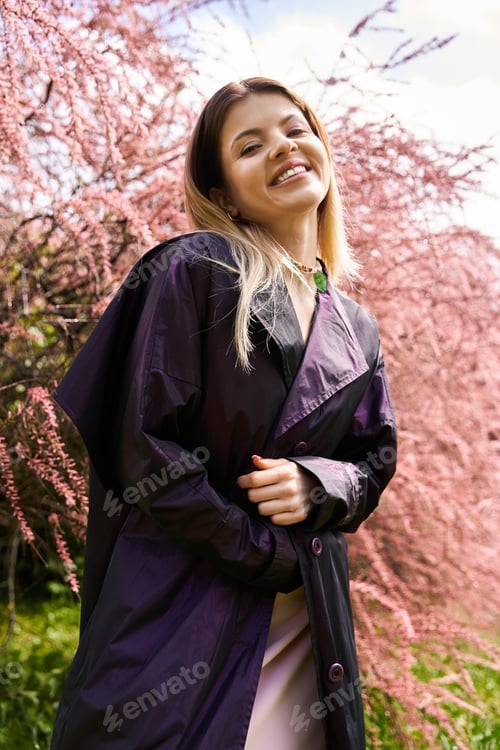 Preview: Joyful moment in Spring blooms with pretty girl wearing a black coat