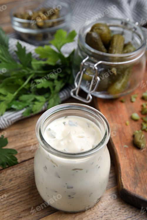 Preview: Tasty tartar sauce in glass jar on wooden table
