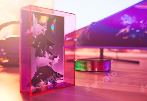 Preview: VR, metaverse or neon with a 3d model and goggles on a desk for access to the digital or virtual wo