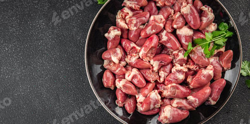 Preview: Chicken heart raw chicken offal tasty dish Fresh gourmet food background on the table rustic food