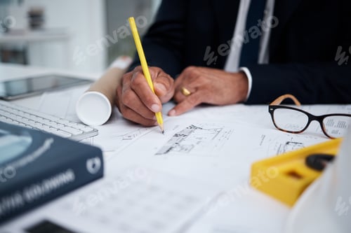 Preview: Hands, architecture and pencil for drawing blueprint, project illustration or engineering process.