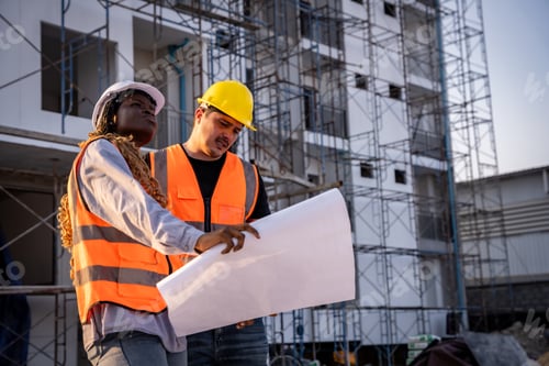 Preview: Engineer inspect building structure technicians looking at analyzing unfinished construction project