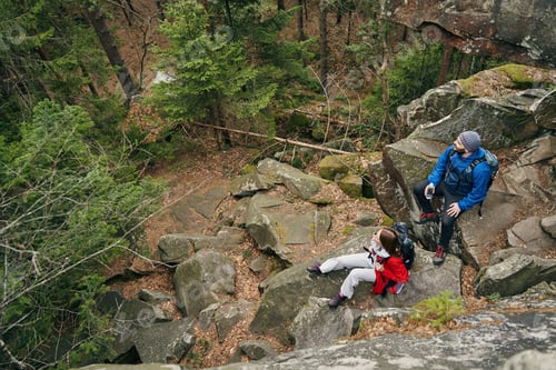 Preview: Couple of tourists admiring forest from rocks