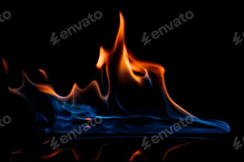 Preview: close up view of burning orange and blue flame on black background