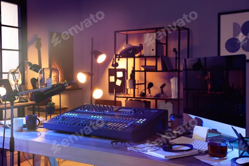 Preview: Professional audio equipment in modern radio studio