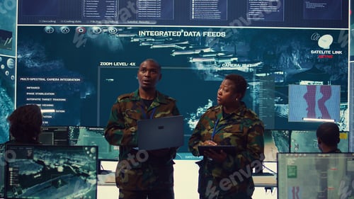 Preview: Sergeant major and female soldier checking real time field data in command post